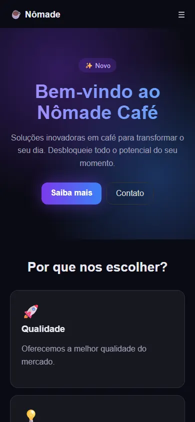 Antes: site genérico de IA, roxo, com emojis e frases vazias